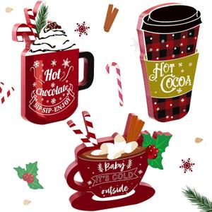 3 Pcs Christmas Wooden Tiered Tray Block Signs Hot Cocoa Bar Decoration Winter Season Drinks Tabletop Xmas Hot Cocoa Marshmallow Signs for Christmas Holiday Winter Bar Party Home Table Decor