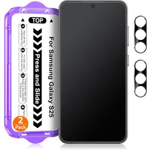 2 Pack for Samsung Galaxy S25 [6.2 Inch] Matte Glass Screen Protector + 2 Pack Camera Lens Protector with Easy Installation Kit, Anti-Glare, 0.2mm Tempered Glass