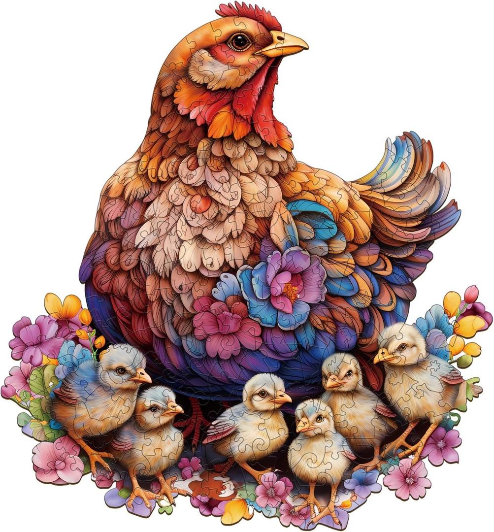 Jigfoxy Wooden Puzzle for Adults, Hen and Chicks Wooden Jigsaw Puzzles for Adults, Unique Animal Shape Wood Cut Puzzles for Family Friend Puzzle Lovers(S-7.9 * 8.5in-90pcs)