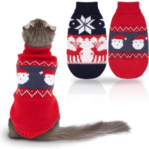 Rypet 2 Packs Cat Christmas Sweater - Puppy Christmas Sweater Pet Turtleneck Knitwear with Reindeer Santa Claus Pattern Sweaters for Kitten and Small Dogs, Size: M