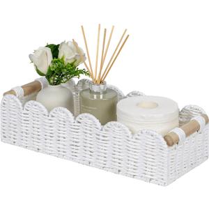 CubesLand Scalloped Edge Toilet Paper Storage Basket, Living Room Home Cozy Decor Basket, Paper Rope Small Baskets for Over Toilet Storage Shelf, End Table, Shelves, with 2 Wooden Handles, White