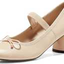 Coutgo Womens Mary Jane Shoes Bowknot Ballet Pumps Closed Toe Chunky Low Heels Dress Casual Wedding Shoes Size 8.5