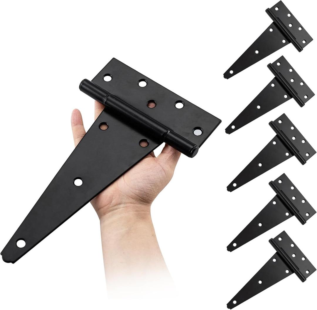 HOME MASTER HARDWARE 10 Inch T-Strap Heavy Duty Shed Door Hinges - Black, for Outdoor Barns and Wooden Fences, 6 Pack with Screws