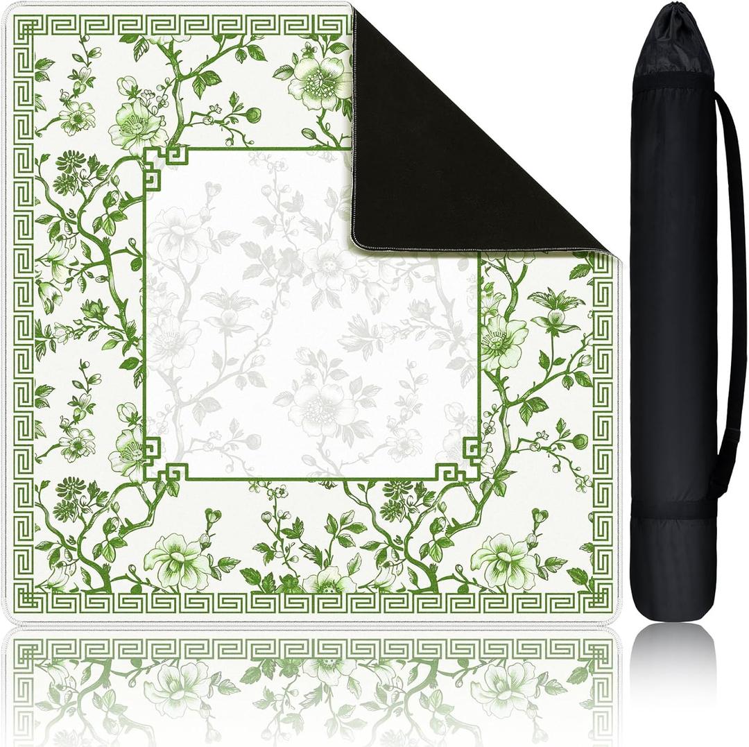 Chinoiserie Mahjong Mat with 1 Carrying Bag 31.5" x 31.5" Green and White Rubber Anti Slip and Noise Reduction Multi Purpose Game Table Cover for Mahjong, Card, Board Tile Games