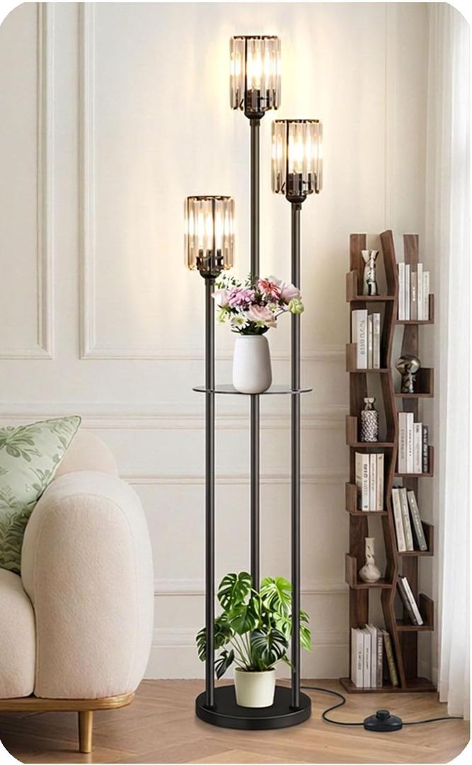 Crystal Floor Lamp for Living Room with Shelves, Industrial Modern Standing Black Lamp with Table for Bedroom, Glass Vintage Unique Tall 3-Lights Fancy Lamp with ON/Off Foot Switch (Warm White)