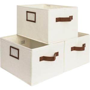 StorageWorks Storage Baskets for Shelves, Foldable Fabric Closet Storage Bins with PU Handles, Fabric Storage Bins Clothes Organizer, Ivory White, 3-Pack, Medium (14 " L x 10 " W x 8" H)
