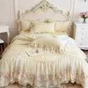 French Chic Bedding Set 4-Piece - Romantic Lace Trim Washed Cotton, Duvet Cover with Bed Skirt & Pillowcases for Queen Bed, Princess Style (Comforter Not Included) (Yellow,Queen (U.S. Standard))