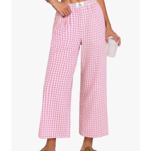 ANRABESS Women Striped Gingham Palazzo Cropped Pants Wide Leg Pajama Lounge Pants Plaid PJ Bottoms Cute Trousers with Pockets, XL, Pink White Plaid