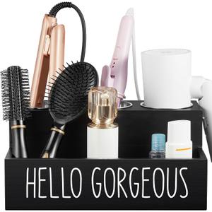 Bivvclaz Hair Tool Organizer, Wooden Hair Dryer Holder Countertop, Wall Mount Hot Tools Organizer for Hair Styling Accessories, Bathroom Supplies Vanity Caddy for Curling Wand, Blow Dryer, Black