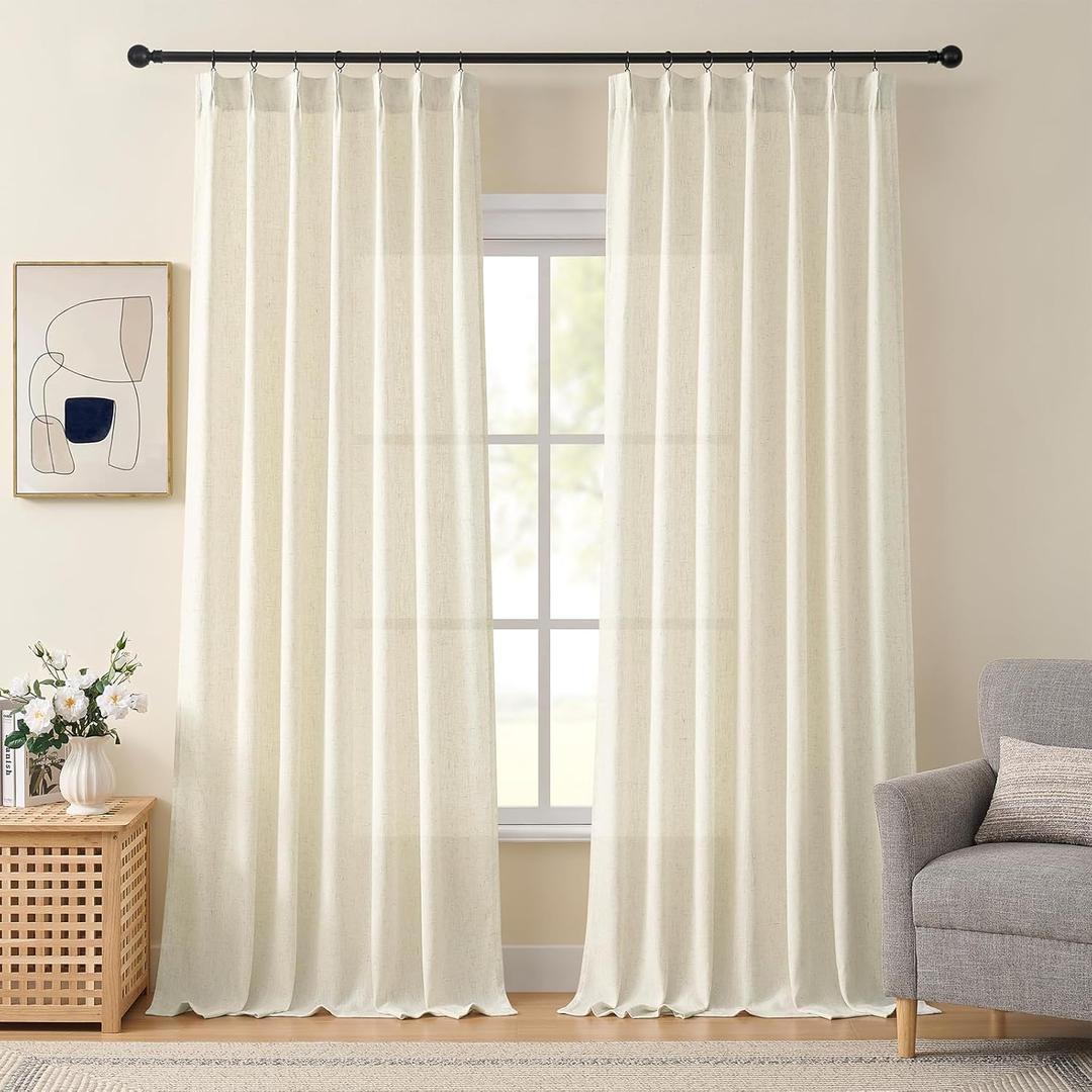 Natural Linen Pinch Pleated Curtains 102 Inches Long for Living Room Thick Drapes Hooks Back Tab Linen Textured Boho Farmhouse Cream Ivory Birch Extra Long 102 Inch Curtain for Dining Bedroom