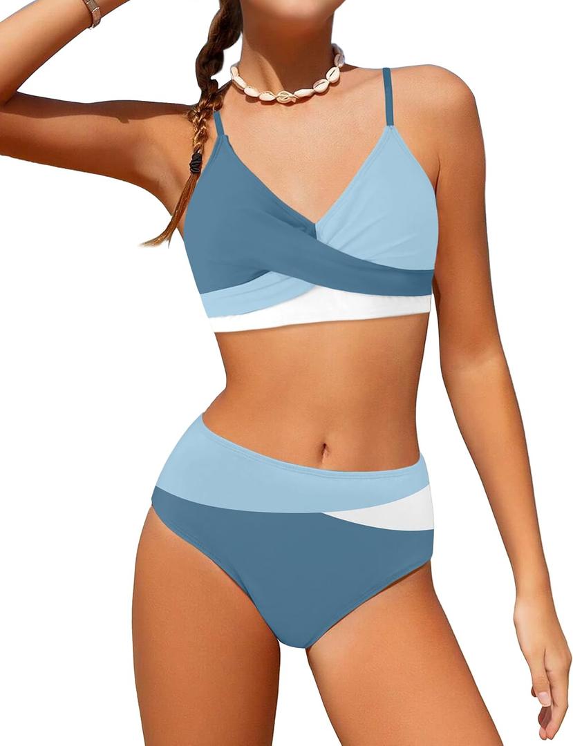 WIQI Girls Swimsuit Bikini Set 2 Piece Bathing Suits Color Block Criss Cross Swimwear  (11-12 Years, Blue White)