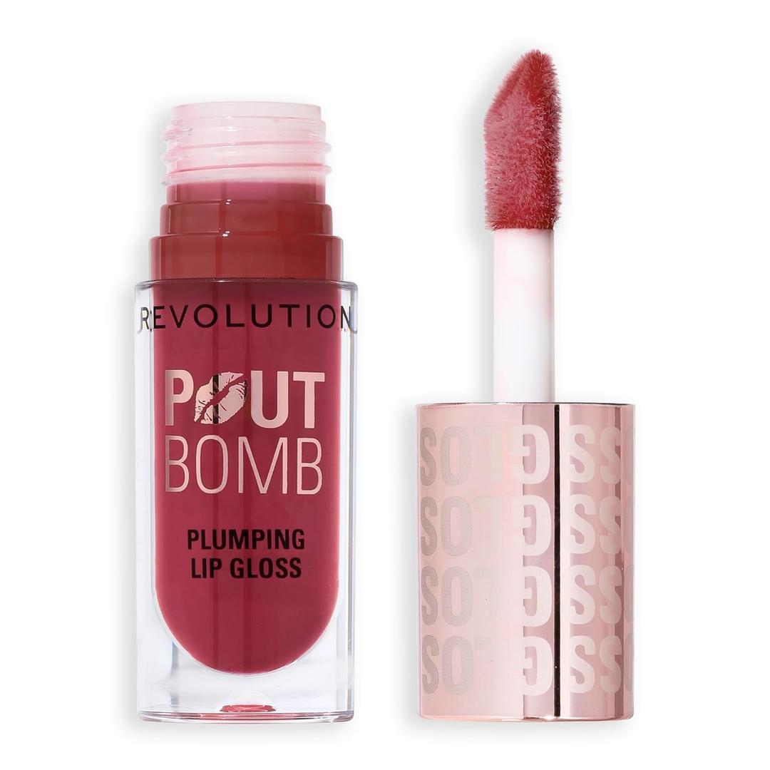 Revolution, Pout Bomb Plumping Lip Gloss, Buildable, High Shine for Hydrating, Plumping Finish, Buildable Color, Vegan & Cruelty-Free, Deep Rosewood Rose Pink, 0.15 fl oz