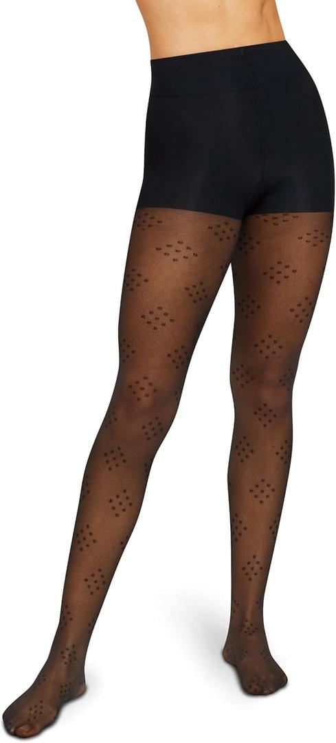 Hanes EcoSmart Women's Sheer Fashion Diamond Dot, Control Top, Sheer Toe, Tights (Black)