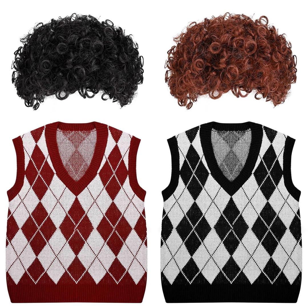 4 Pcs Halloween Costume Set Include Afro Fluffy Wigs and Knit Vests for Men Women Party Dress Up