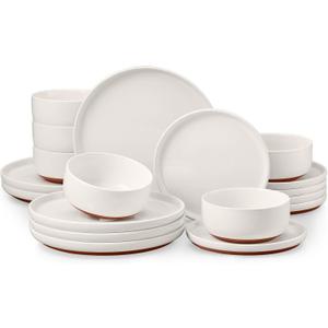 E-far 18-Piece Stoneware Dinnerware Sets, Plates and Bowls Sets for 6, Ceramic Dishware Dishes Set with Terracotta Base, Chip & Scratch Resistant, Microwave & Dishwasher Safe, Speckled White