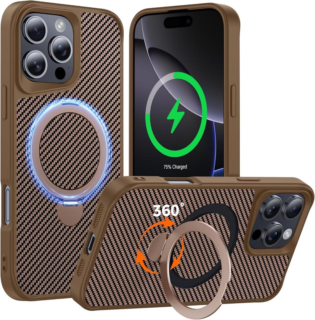 Designed for iPhone 16 Pro Max Case with 360 Magnetic Stand, Carbon Fiber Phone Case [Compatible with Magsafe] [15FT Military Protection] with Stand Ring 6.9'', Desert Titanium