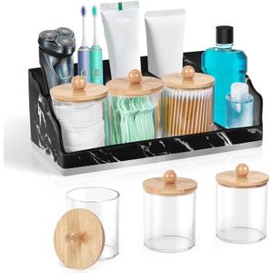 Marble Bathroom Countertop Organizer, Toothbrush Holders for Bathroom with 3PCS Qtip Holder Dispenser and Toothpaste Holder Drainage for Bathroom Accessories Organization Counter Vanity Storage