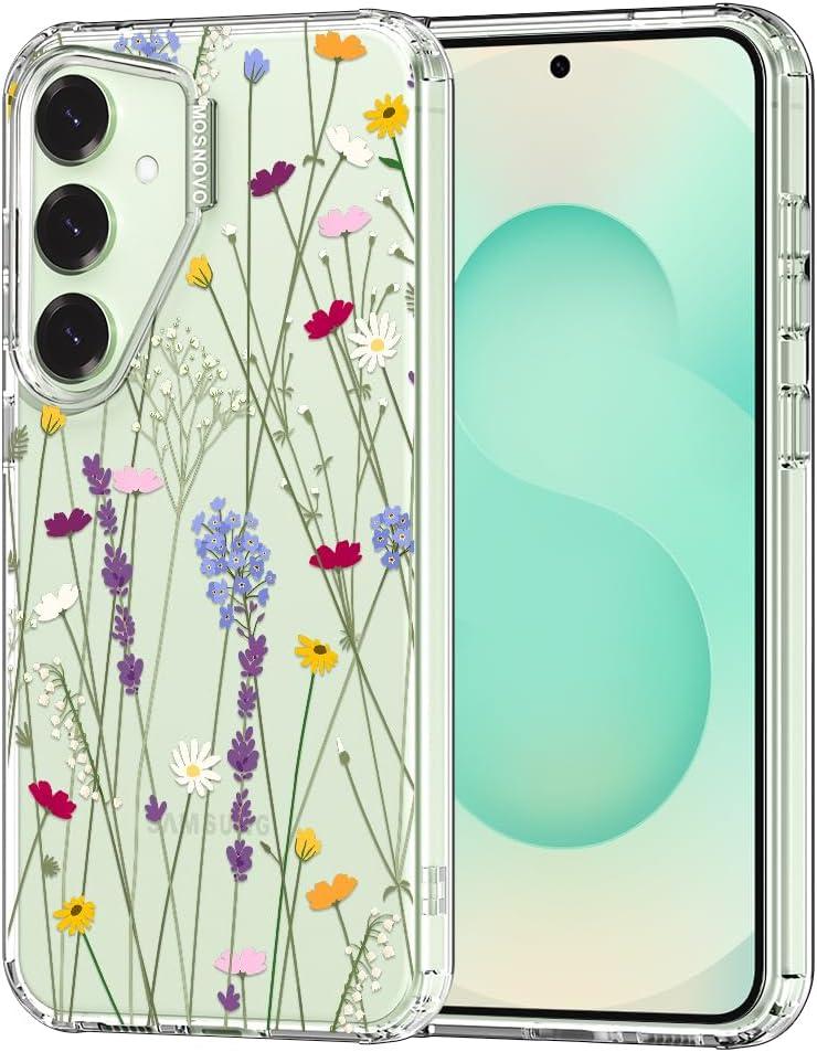 MOSNOVO Case for Samsung Galaxy S25 / Galaxy S24, [Buffertech 6.6ft Military-Grade Drop Protection] [Anti Peel Off Tech] Clear TPU Bumper Phone Case Cover Design - Floral Garden