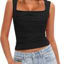 Darong Women's Padded Ruched Tank Tops Built in Bra Summer Double Lined Sleeveless Going Out Crop Tops Shirts (Medium, Black)