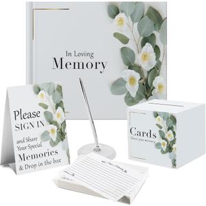 7 pcs Guest Book Set, Funeral Guest Book, Includes: Guestbook, 50 Memory Cards, Ball Pen+Pen Stand, Table Sign, Card Box, Mailer Box, Celebration of Life Guest Book, Registry Book, Memory Book