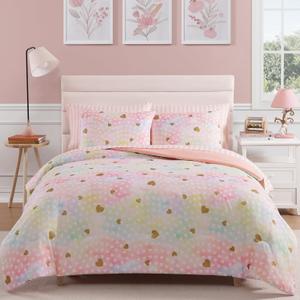 Full Size Comforter Sets with Sheets for Girls-7 Pieces Full Size Bedding Sets with Pink Comforter, Sheets, Pillowcases & Shams for Kids (Colorful Gold Heart, 76" X 86"), Full(76"X 86")-7 Pieces