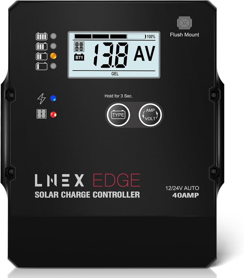 LNEX Solar Charge Controller with Flush Mount Design, 6 Stage Charging with LCD Display 12V/24V Auto PWM Controller 40A for LiFePO4, AGM, Gel, Flooded and Lithium Battery