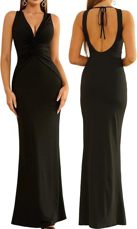 Women Summer Bodycon Maxi Dress Sexy Ruched Deep V Neck Elegant Formal Wedding Guest Long Dresses, Small
