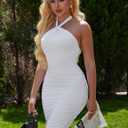 BEAGIMEG Women's Sexy Bodycon Sleeveless Backless Ruched Halter Neck Party Club Cocktail Midi Dress (White, M)