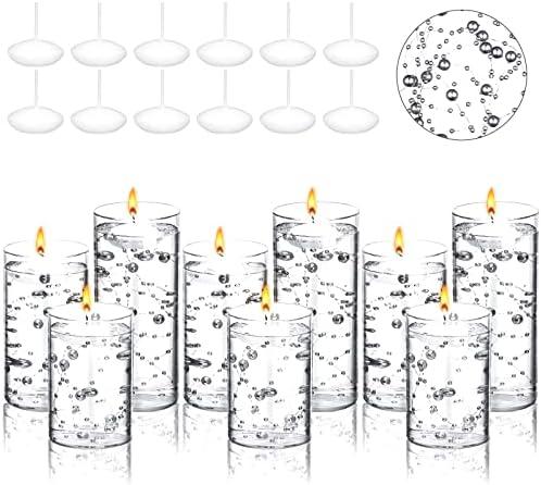 Hoolerry 9 Set Glass Cylinder Vases for Centerpieces, Multiple Size Clear Hurricane Candleholder with Floating Candles Artificial String for Wedding Table Decor(4",4.7", 6",Silver)