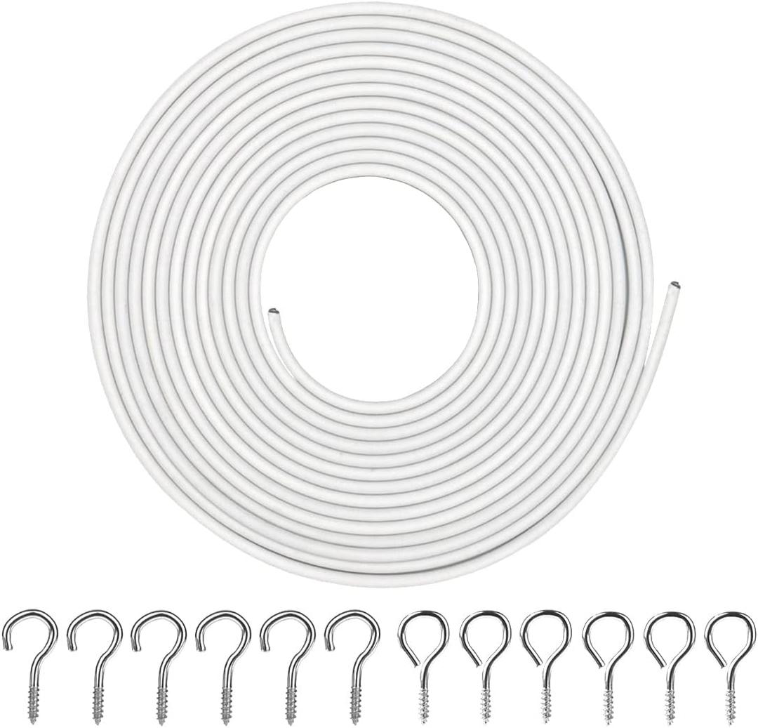 White Curtain Wire 5 Meter Wall Decor Picture Hanging Kit with 6 Pairs of Screw Eyes and Hooks for Net Curtain Rods Clothesline Hanging Decor