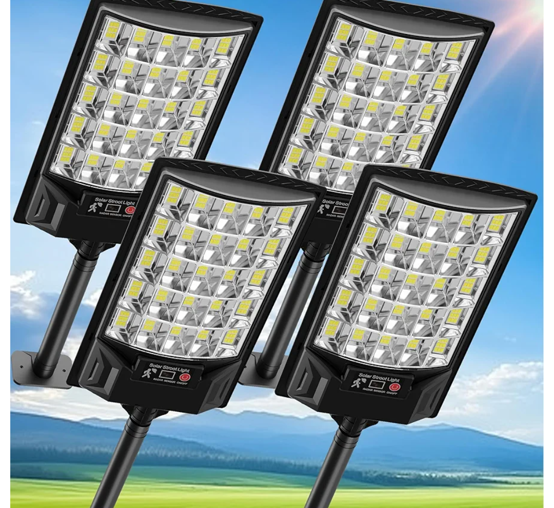 Solar Street Lights Outdoor, 6500K Outside Waterproof LED Street Light Dusk to Dawn, Wide Angle Lamps with Motion Sensor & Remote Control, Solar Lights Outdoor for Garden Yard, 4 Pack