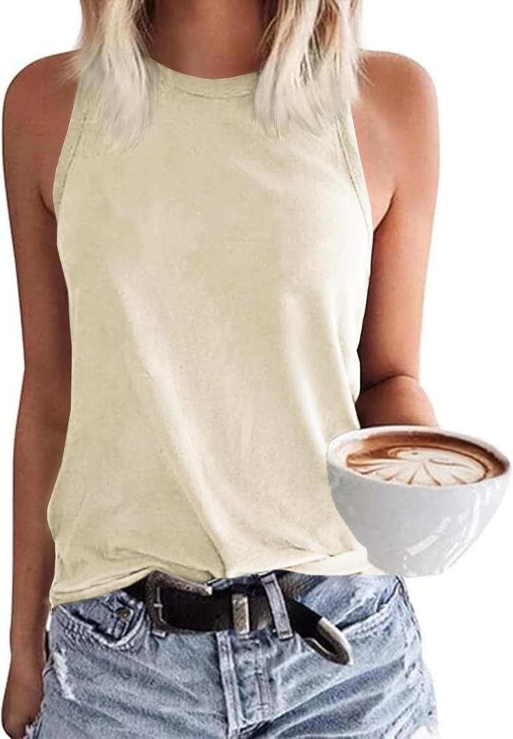 Langwyqu Womens' Crewneck Sleeveless Summer Casual Loose Fit Basic Shirts (Medium, Beige)
