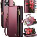 Defencase Compatible with iPhone 15 Pro Max Case Wallet with RFID Blocking Card Holder for Women Men, PU Leather Magnetic Snap Flip Zipper Strap Wallet Phone Case Fit for iPhone 15 Pro Max, Wine Red