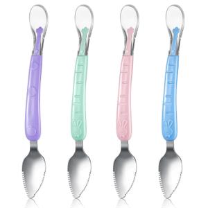 Lallisa 4 Pcs Double Head Baby Silicone Food Spoon Baby Fruit Scraping Mud Spoon Soft Feeding Food Scraper for Infants Fruit Feeding (Multicolor) (Purple, Green, Pink, Cyan)