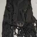 Verdusa Men's Sleeveless V Neck Studded Detail Fringe Trim Open Front Vest Jacket Black, S