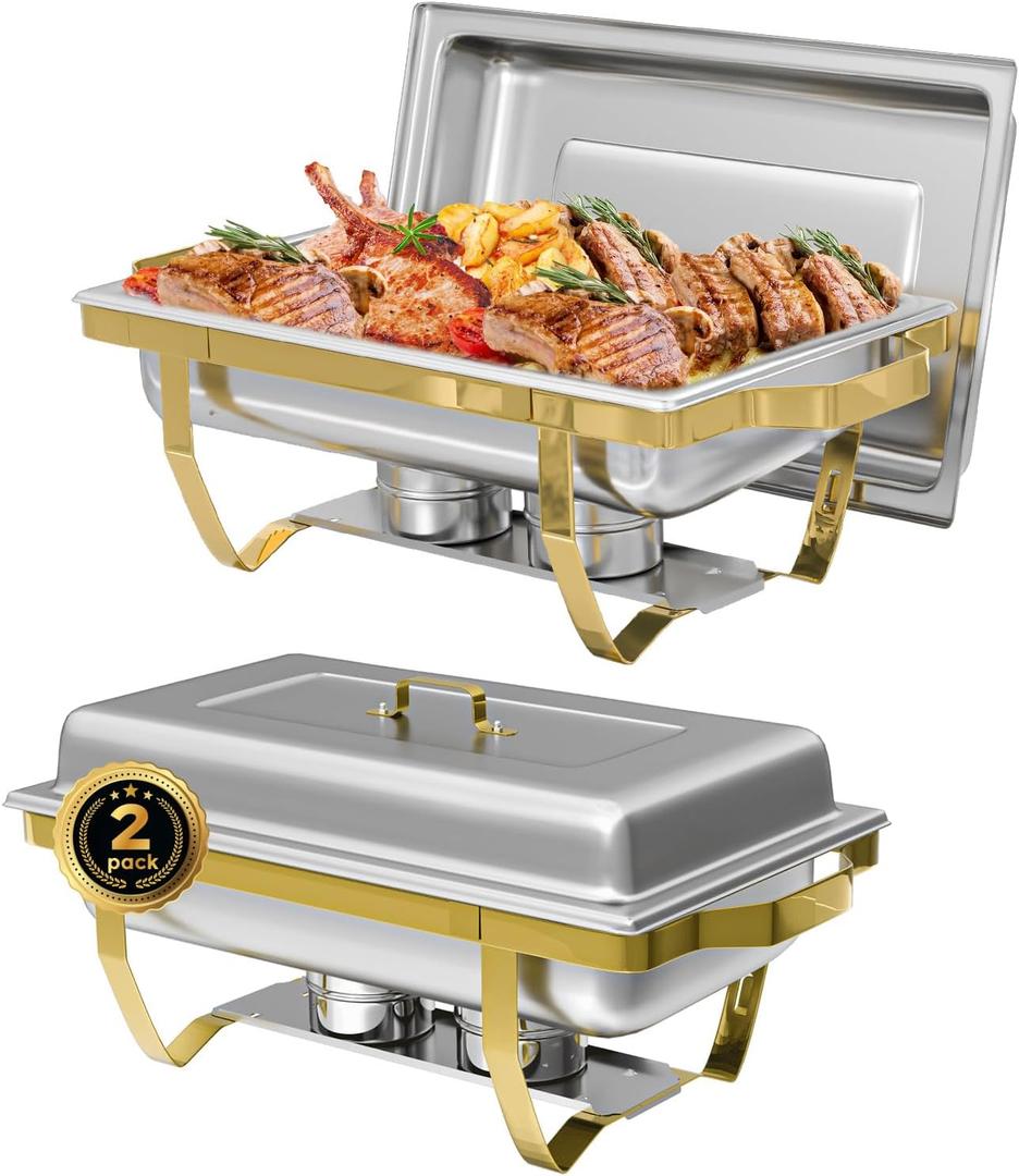 IMACONE Chafing Dish Buffet Sets of 2, 8QT Stainless Steel Rectangular Chafers and Buffet Warmer Sets for Catering, with Food & Water Pan, Lid, Gold Foldable Frame, Fuel Holder for Event Party Holiday