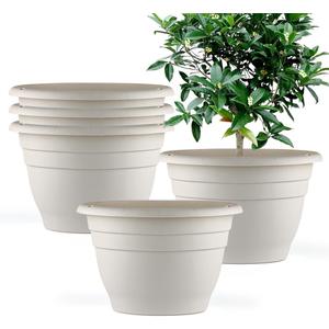 RooTrimmer 5 Pack 10 Inch Plant Pots for Indoor Outdoor, Plastic Floor Planters with Drainage Holes, Lightweight Flower Pots for Home, Patio & Garden(White)