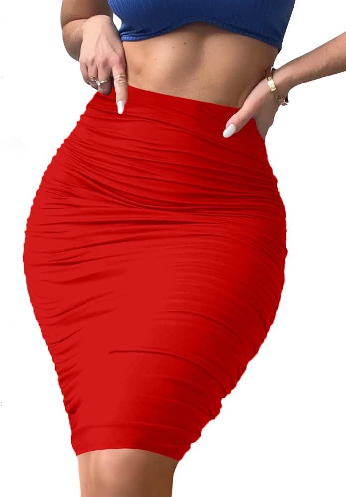 Eoeoo Women's Elastic High Waist Ruched Bodycon Stretch Elegant Pencil Midi Skirt Red Small