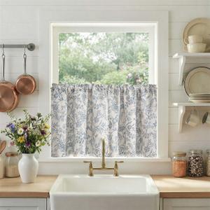 jinchan Floral Kitchen Curtains for Windows 24 Inch Linen Lined Tier Farmhouse Cafe Curtains Country Botanic Small Window Rod Pocket Rustic Flax for Laundry Bathroom RV 2 Panels Blue on Beige, 25"W x 24"L
