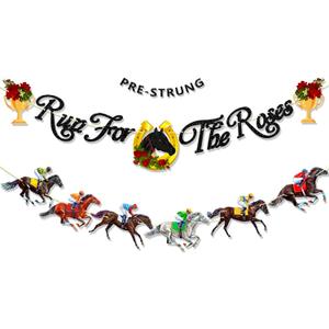 Glitter Run for The Roses Banner, Pre-Strung NO DIY Kentucky Derby Decorations, Horse Race Garland Kentucky Derby Banner for Wall Home Decor