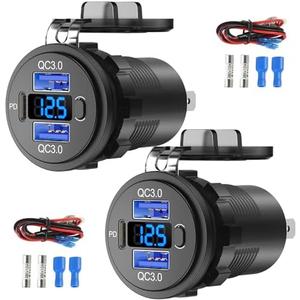 2 pack 12V USB C Outlet Marine USB Charging Port for Car, Dual Quick Charge 3.0 & PD 3.0 Car Charger Socket with Button Switch and Voltmeter, Cigarette Lighter Replacement DIY Kit for 12V/24V Vehicles