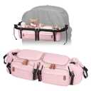 Double Stroller Organizer for Bob Duallie and Baby Jogger City Mini GT2, Double Stroller Caddy Organizers with Cup Holder and 2 Cooler Pockets Parent Console Double Stroller Accessories (Pink)