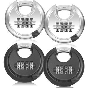 Landhoow 4 Pcs 4 Digit Combination Disc Padlock Stainless Steel Combo Discus Lock Outdoor Heavy Duty Fence Lock with Hardened Steel Shackle for Sheds Locker Storage Gym Gate(Black and Silver)