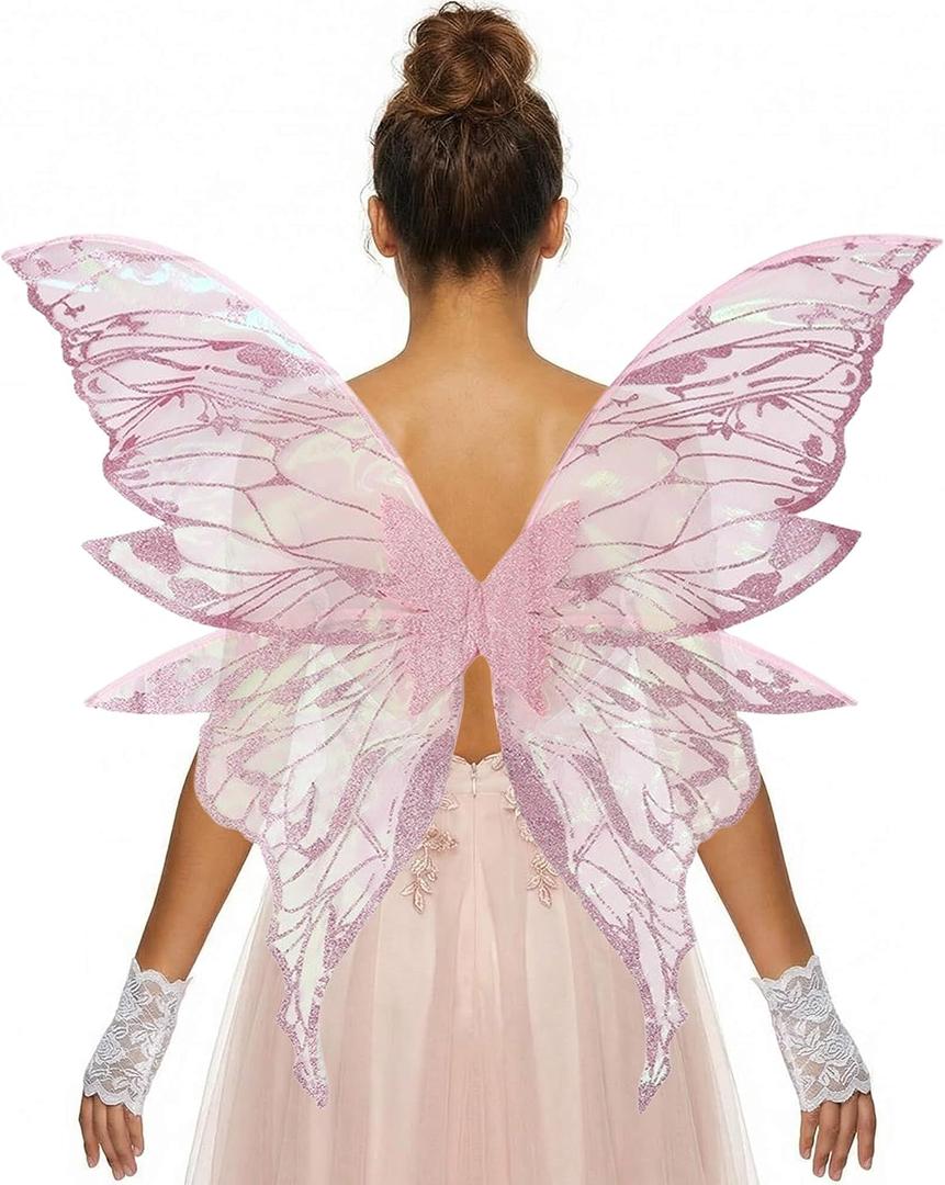 YKW Fairy Wings for Adult Women,31.5"x29" Butterfly Cosplay Wings with Lace Gloves,Organza Costume Wings for Halloween Party