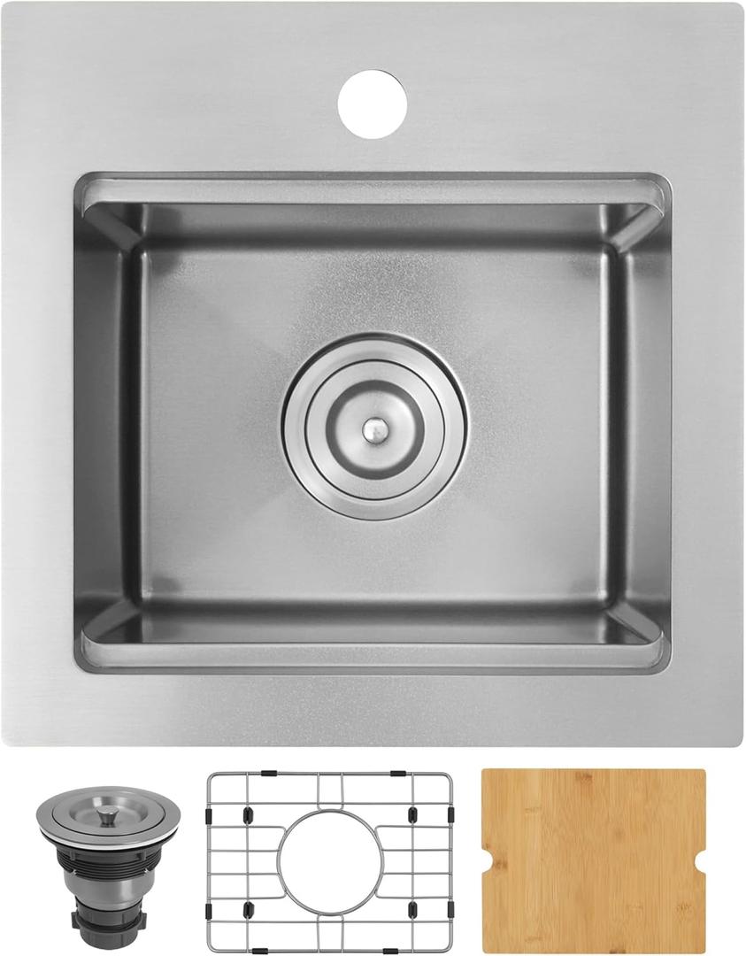 15"X15" Drop-In Top Mount Bar Sink, 16 Gauge Stainless Steel, Single Bowl Workstation Sink, Brushed Finish, Large Volume with Accessories (15" x 15")