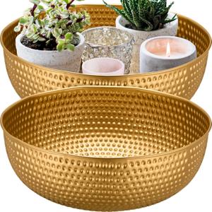 Pickmesh 2 Pcs Gold Hammered Bowls Large Metal Fruit Decorative Bowls for Serving Food Kitchen Counter Table(14 Inches)
