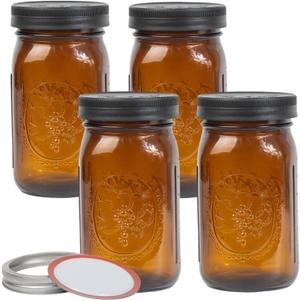 4 Pack 32 oz Amber Wide Mouth Mason Jars with Airtight Lids and Black Plastic Mason Jar Lids, Amber Canning Jars
