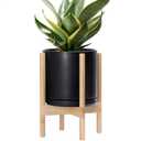 D'vine Dev Ceramic Pot with Natural Wood Stand, Black, 10 in, 55-B-K-2