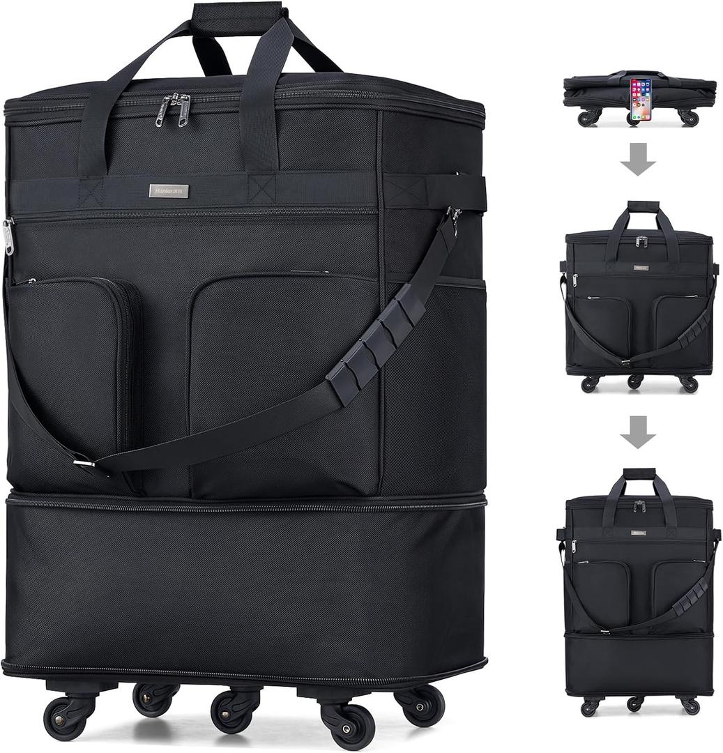 Hanke Expandable Collapsible Luggage with Wheels, Black Upgrade Version 2, 98L, Water-Resistant, 5 Spinner Wheels, 3 Pockets, Polyester, 19x13x27.2 inches, 6.1lb, Carry-On Luggage, Travel, Vacation