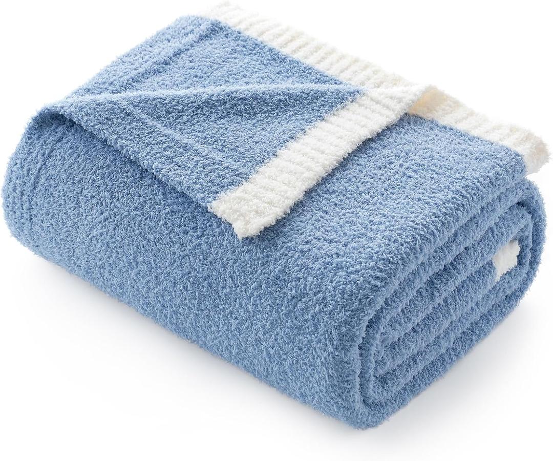 Snuggle Sac Ultra Soft Throw Blanket for Couch Bed Sofa 50x60 inches, Reversible Blue Blanket Microfiber Fluffy Fuzzy Cozy Knit Throws for Women Mothers Birthday Gifts (Solid Washed Blue)
